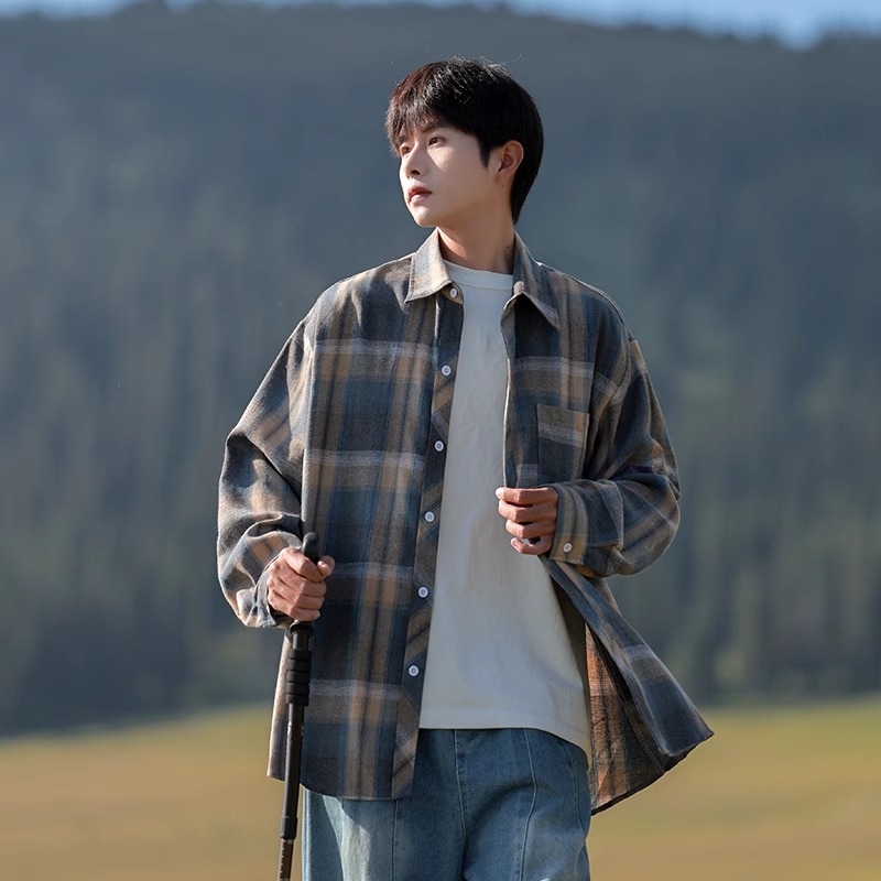 NASA Yellow Plaid Shirt Men's Long Sleeve Spring and Autumn 2024 New Loose Casual Top Boys Shirt Jacket