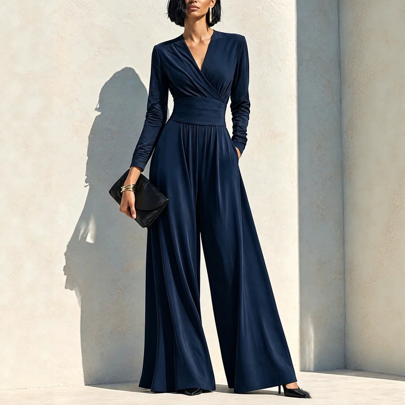 Amazon's new V-neck long-sleeved jumpsuit for women, featuring a high waist, a cinched waist, a slimming effect, a flowing silhouette, wide legs, and a sophisticated solid color design, perfect for formal occasions