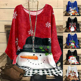 2022wish欧美跨境亚马逊独立站圣诞新款棉麻印花挂拍宽松复古上衣