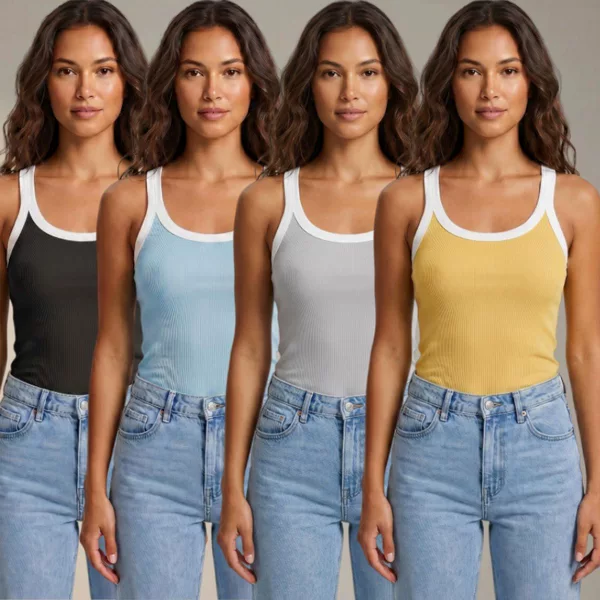 Cross-Border Women's Ribbed Knit Vest with Contrasting Trim, Low Round Neck, Sleeveless, Slim Fit, Suitable for Daily Casual Wear and Street Style