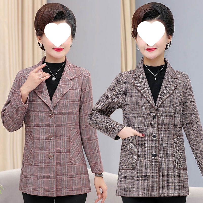 中年春装女格子上衣短款洋气40岁50中老年女装妈妈春秋小西装外套