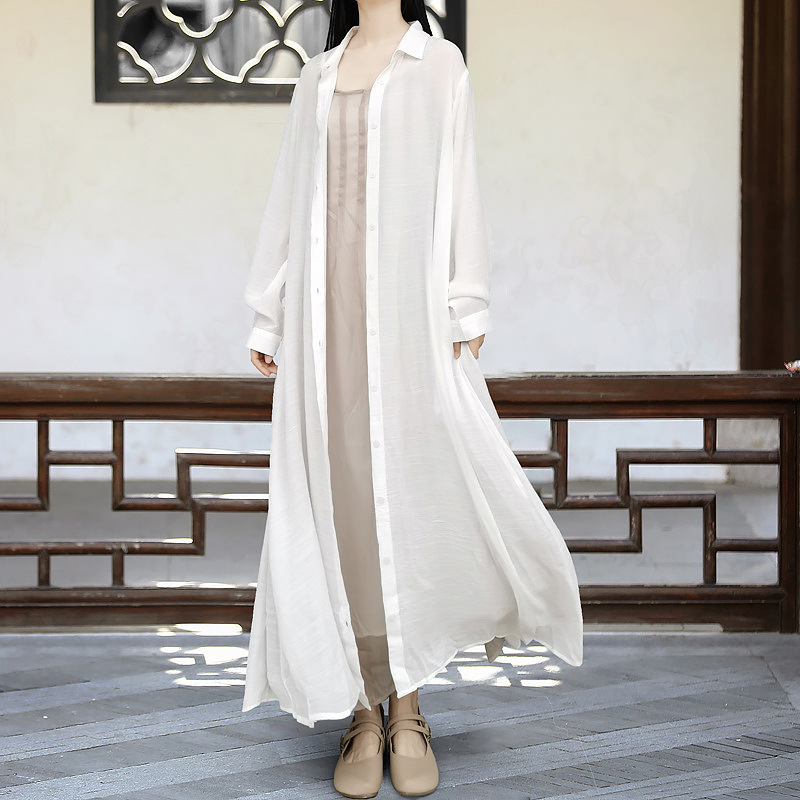 Plum Green Style Artistic Loose Long Shirt Dress Spring/Summer Silk Linen Women's Shirt with Belt