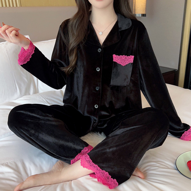 Autumn and Winter New Island Velvet Long-Sleeved Pants Black Pink Barbie High-End Lace Gold Velvet Home Wear Women's Suit