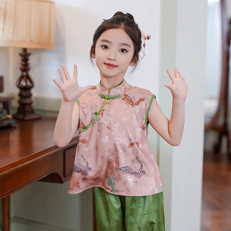 新中式女童夏季短袖套装2025新款汉服中国风马甲旗袍两件套公主装|undefined