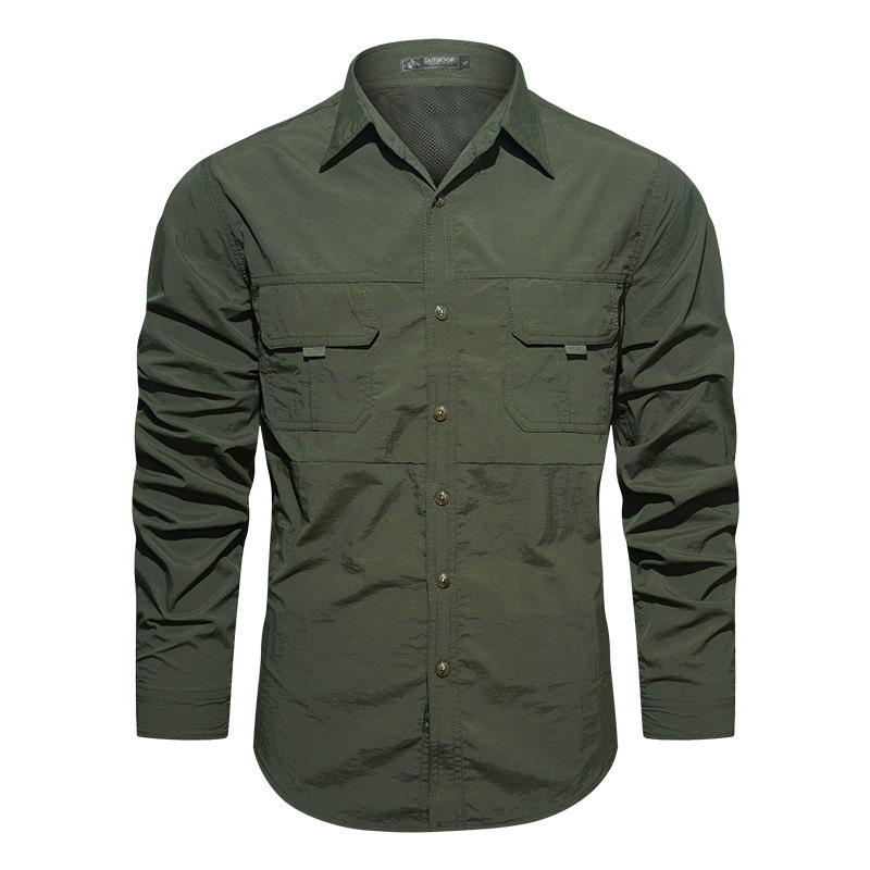 Camisas impermeables de secado rápido al aire libre multi-bolsillos herramientas de hombre con solapa de manga larga camisa casuales de color sólido para hombres de mediana edad