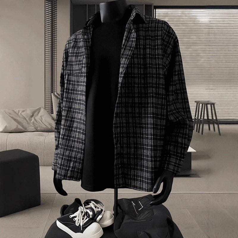 cleanfit Black Long-sleeved Plaid Shirt Men's Spring and Autumn High-end Plaid Shirt Loose Casual Jacket