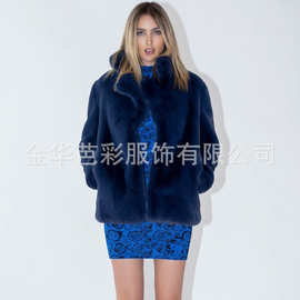 2025欧美新款濑兔毛外套女装蓝色翻领气质通勤亚马逊热销皮草外套
