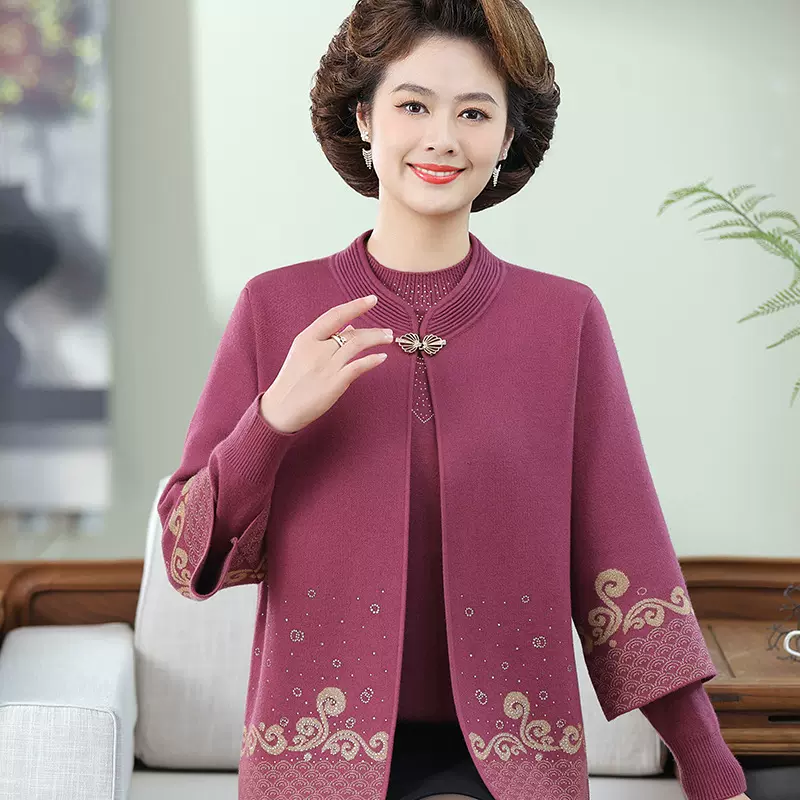 中老年女装秋冬新款时尚针织毛衣两件套长袖打底衫七分袖外衣套装
