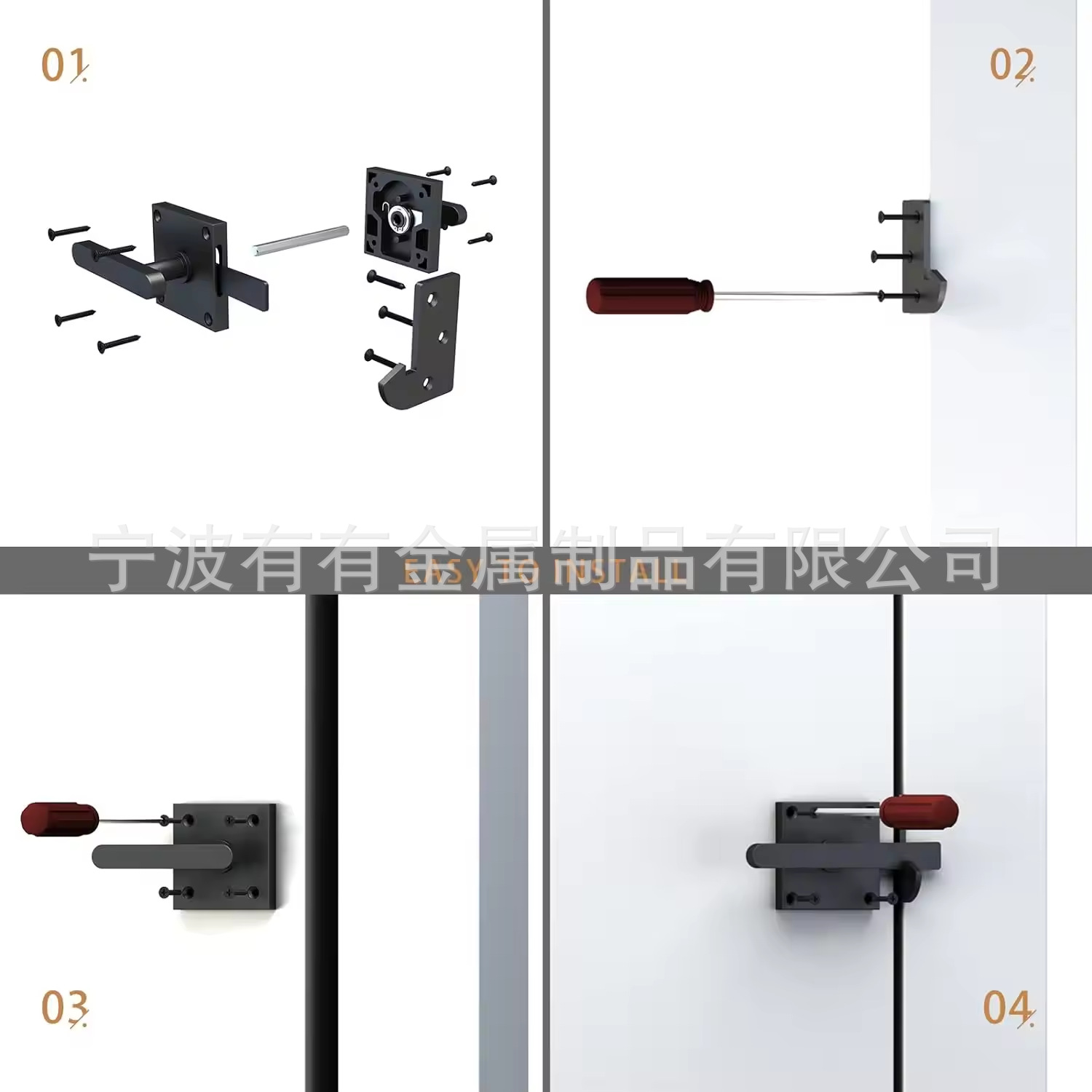 Comercio electrónico al por mayor Puerta de granero de aluminio negro de doble cara pestillo de la puerta giratoria valla de madera resistente pestillo de la puerta accesorios de hardware