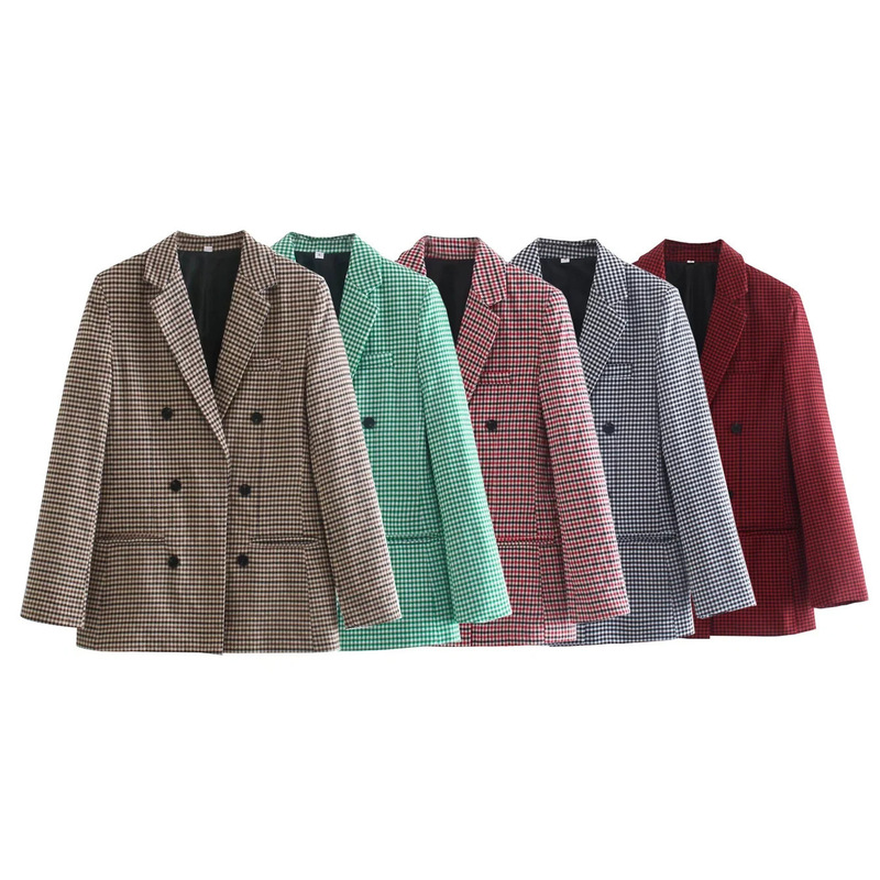 Cross-Border European and American Style Women's European and American Plaid Double-Breasted Blazer Women's Autumn Tops 5 Colors Cross-Border European and American Style Women's European and American Plaid Double-Breasted Blazer Women's Autumn Tops 5 Colors