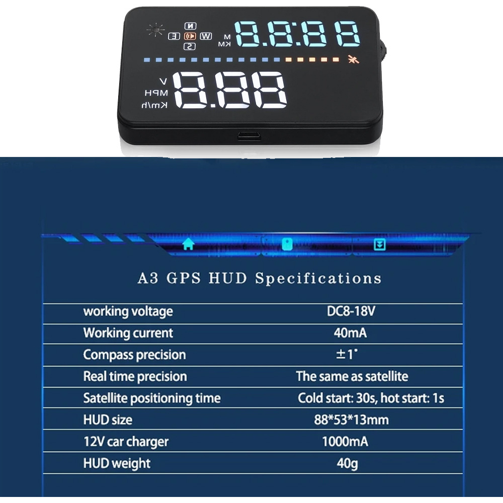 A3 3.5inch Car Hud Head-Up Display Projector Gps Speedometer Obd2 Car Speed Warning