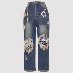 plus size women's clothing 2024 spring and autumn Europe and the United States street personality hole patch skull head tide straight pants loose Joker