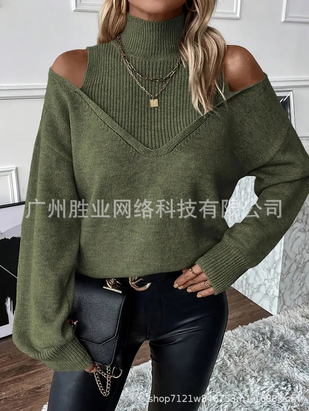 欧美跨境外贸高领秋冬毛衣时尚优雅长袖撞色毛衣露肩设计罗纹袖口|undefined