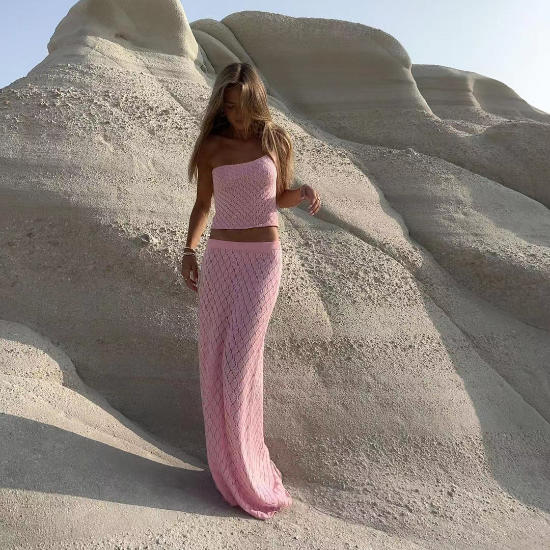 亚马逊欧美女装2023针织沙滩短款露肚露背吊带背心+长裙两件套047