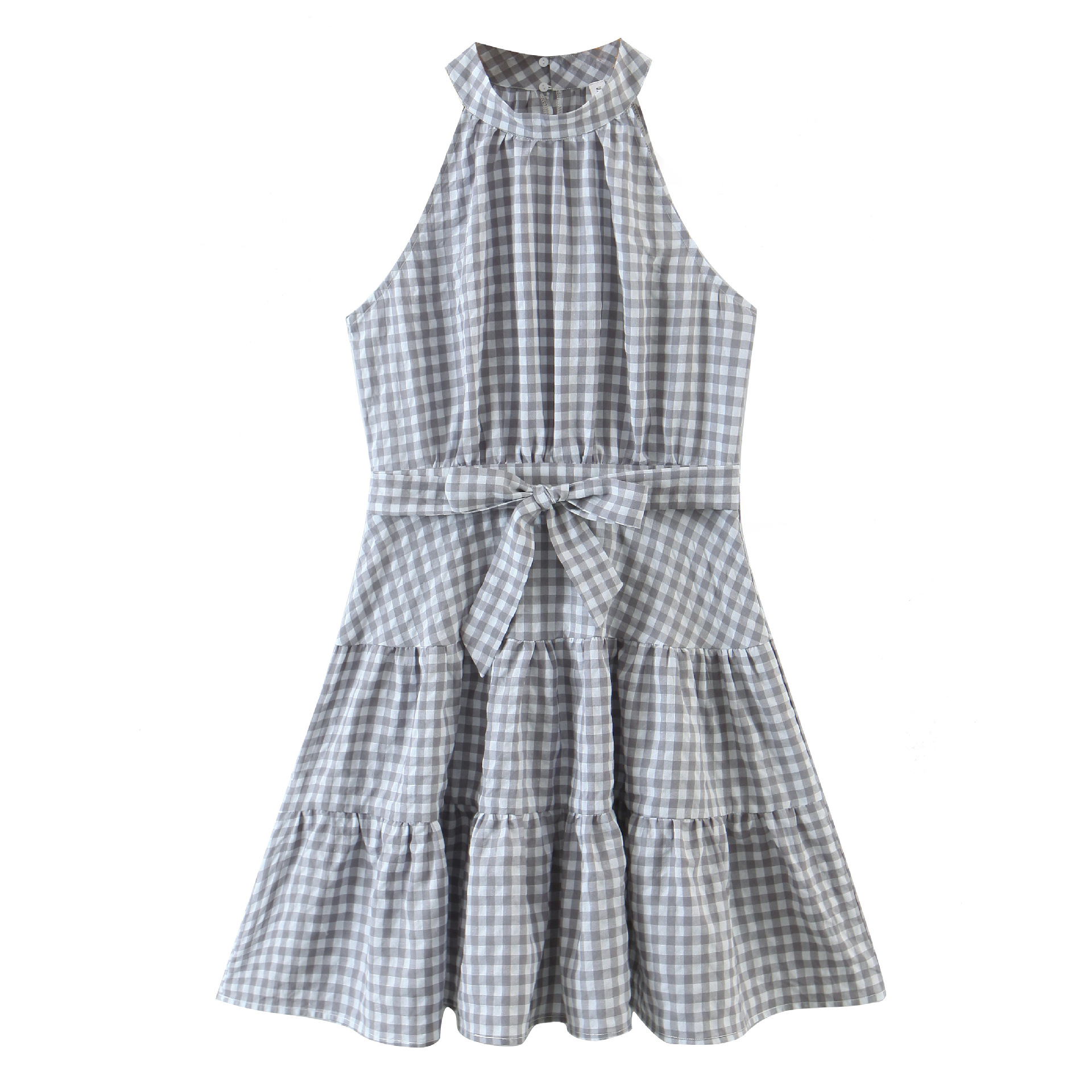 Plaid printed pleated sleeveless Dress NSLQS128900