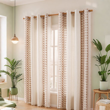 亚马逊爆款奶油风亚麻刺绣几何图案棉麻成品帘打孔卧室客厅布帘