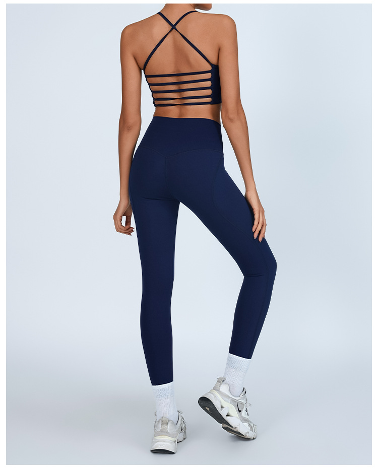 Traje de fitness deportivo de comercio exterior europeo y americano, desnudo femenino con almohadilla para el pecho, chaleco trasero de yoga, cintura alta, pantalones de melocotón de secado rápido image 9
