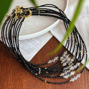 Guofeng Retro Black Spinel Natural Grey Moonlight Lavolite Clavicle Chain Atmosphere Necklace