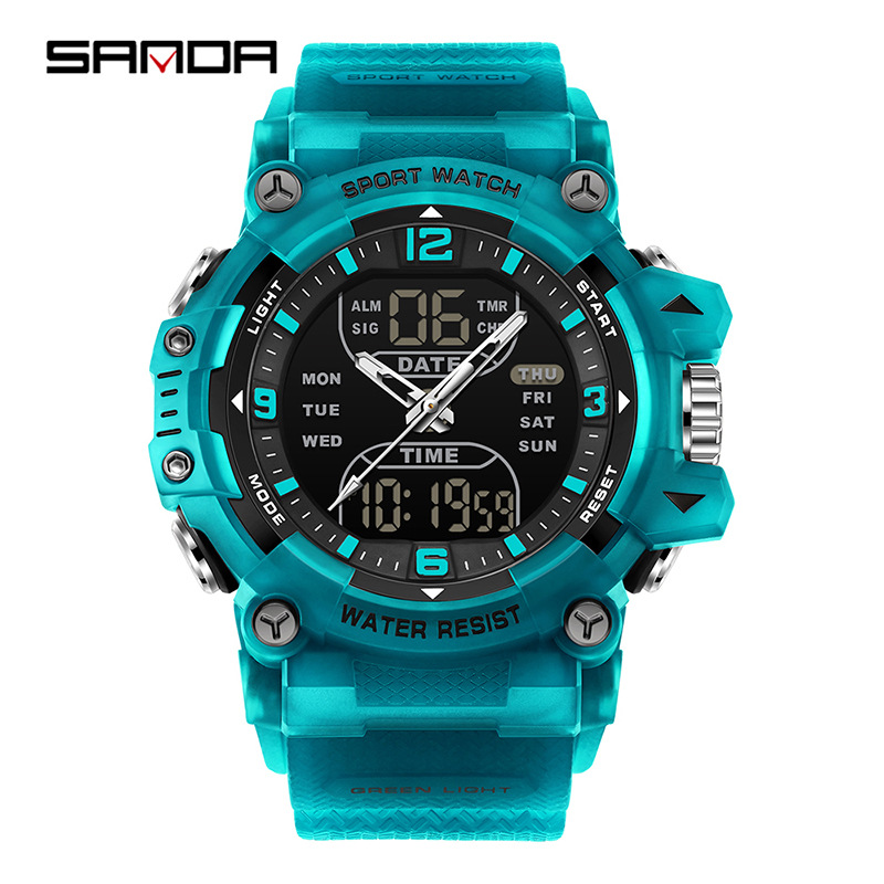 SANAD Sanda Dual Display Deportivo Estudiante Multifuncional Luz Nocturna Tres Destinados Reloj de pulsera Reloj electrónico de segmento impermeable