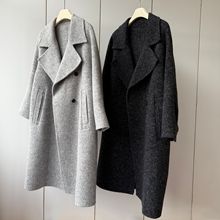 羊毛+羊驼绒+桑蚕丝 手工缝制！翻领双排扣宽松中长款大衣外套女