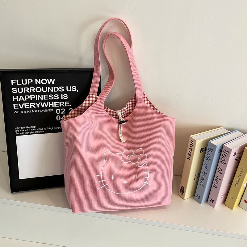 Large Corduroy Embroidered Shoulder Bag with Large Capacity, Cartoon Horn Buckle, Fashionable Student French-Style Tote Bag for Women