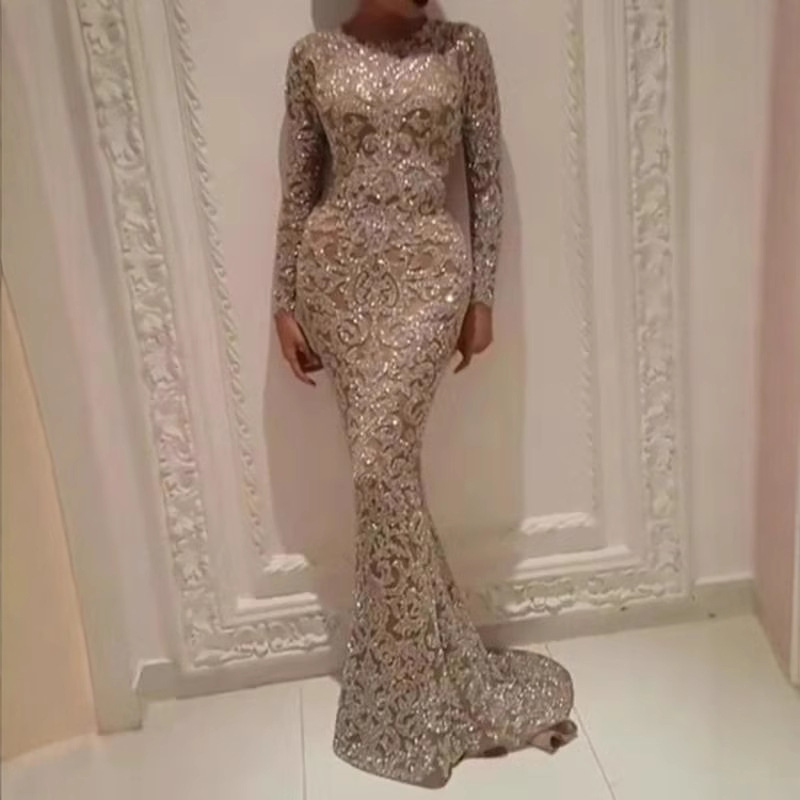 2025 Cross-Border European and American Spring New Amazon Women's Hot Stamping Long-Sleeved Slim Sexy Long Skirt Evening Dress for Women