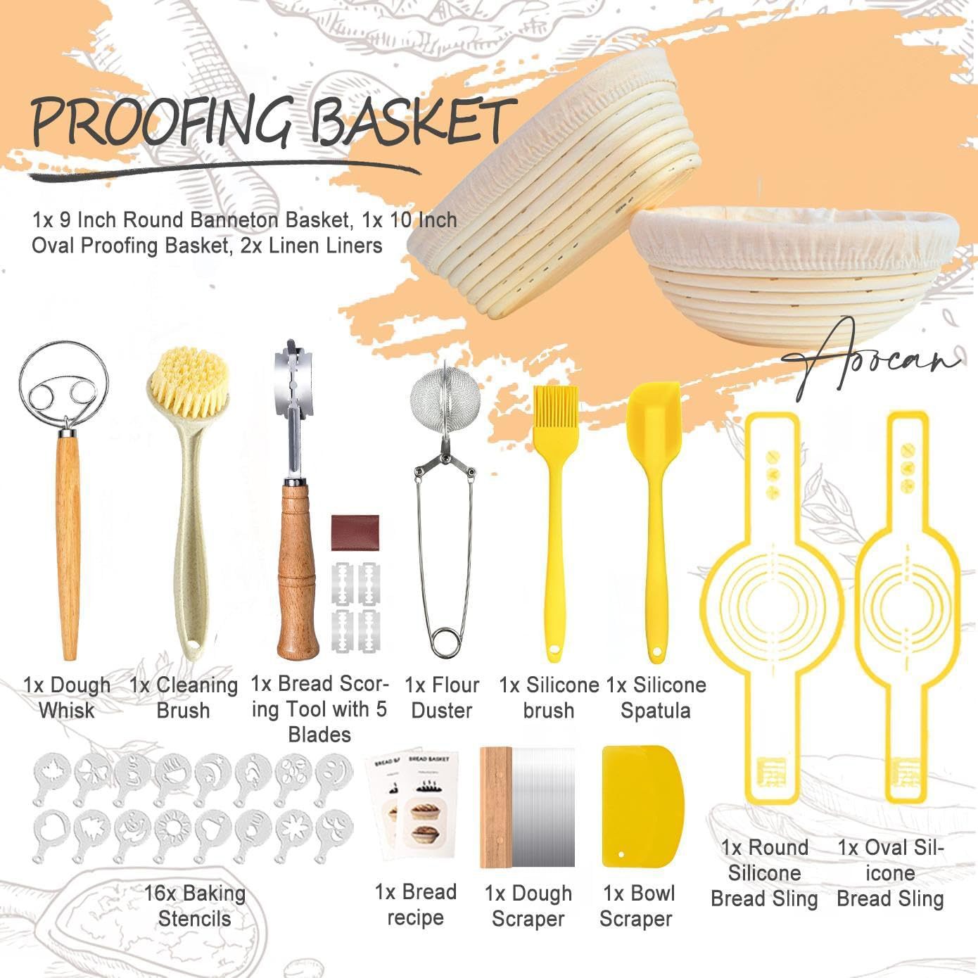 Cesta de fermentación de pan vietnamita indonesia caña hornearia conjunto de batería de masa raspador cepillo de silicona cesta de pan