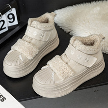 中高帮2025秋冬新款贝壳头高帮加绒厚底魔术贴板鞋女休闲雪地靴棉