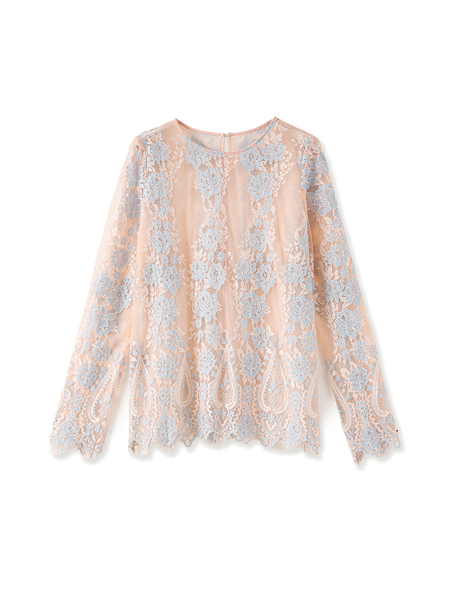 Áo sơ mi ren jacquard phong cách Pháp thanh lịch tay dài — Màu hồng