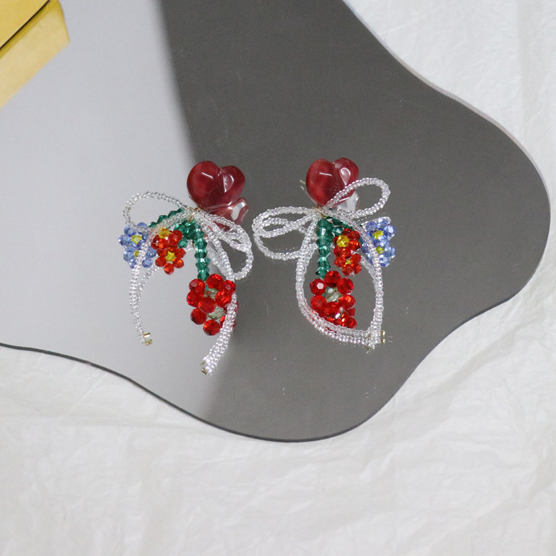 Fashion New Heart-shaped Red Flower Bead Bow Acrylic Earrings display picture 9