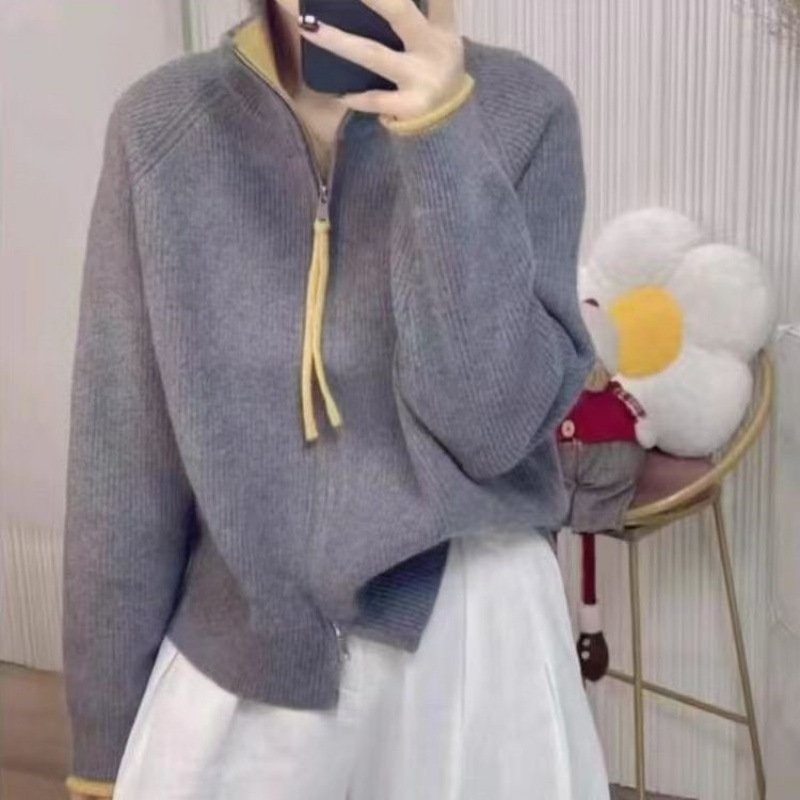 KANING拼色双拉链半高领针织开衫2025秋季新款设计感毛衣外套女装