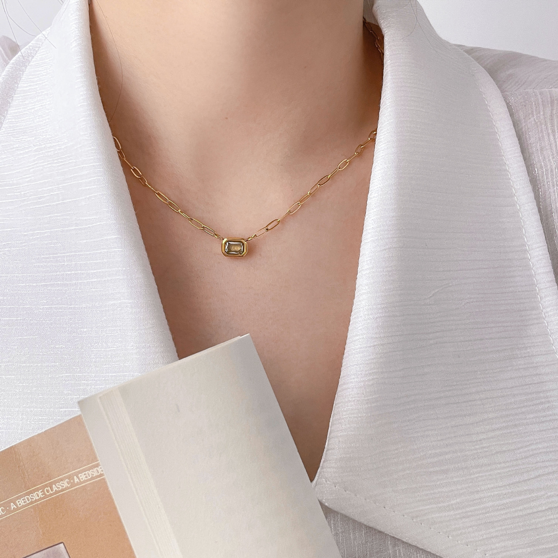 Simple Style Square Water Droplets Titanium Steel Plating Inlay Artificial Gemstones 18K Gold Plated Pendant Necklace_colorza_3