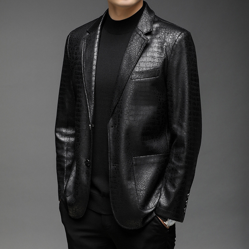 Leather Men's Autumn and Winter New Men's Soft Leather Suit Collar Jacket Men's Two-Button Crocodile Pattern Casual Leather Suit Men's Suit Leather Men's Autumn and Winter New Men's Soft Leather Suit Collar Jacket Men's Two-Button Crocodile Pattern Casual Leather Suit Men's Suit