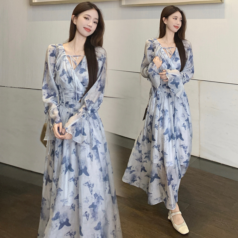 French Tea Break Blue Floral Dress for Women 2025 Spring Large Size Fat mm Seaside Vacation Waist Slimming Look Long Skirt