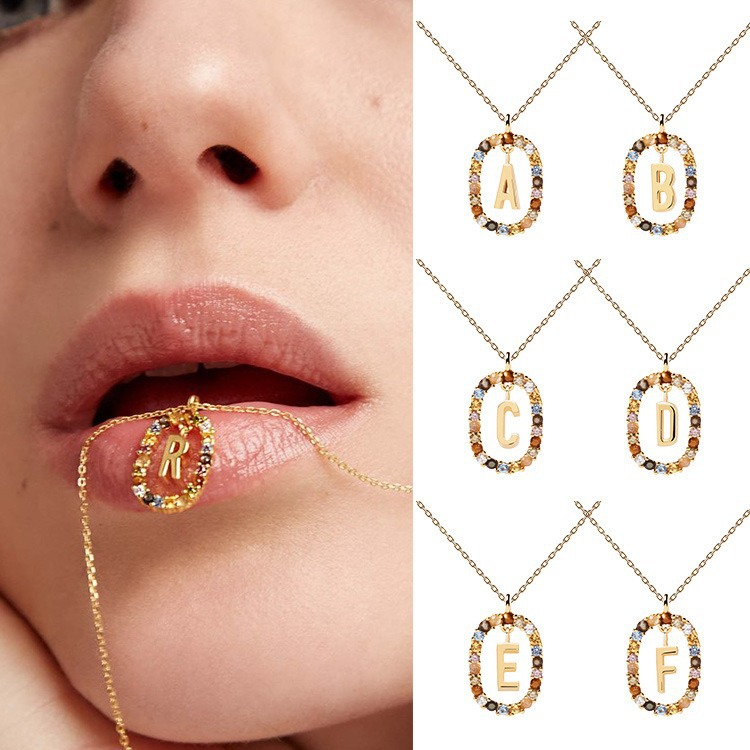 欧美跨境西班牙26个字母项链女百搭锁骨链设计感水晶宝石小众设计