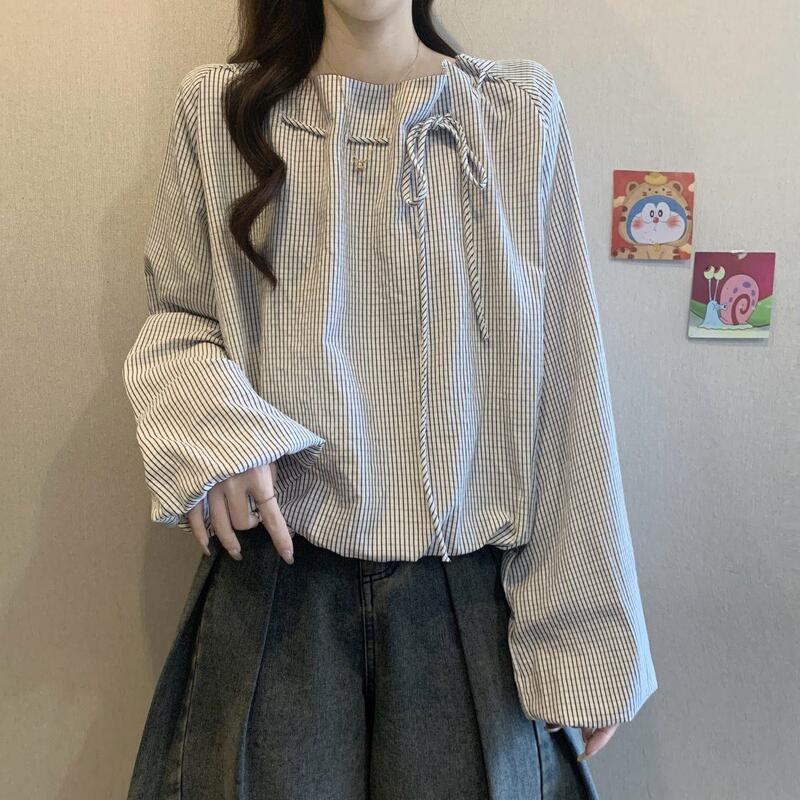 大码女装漂亮小上衣超胖MM条纹长袖衬衫女早夏2025新款米白色|undefined