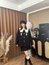 小香風減齡黑色羽絨保暖外套高腰半裙兩件套女2023冬韓劇穿搭套裝