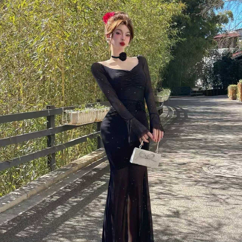 High-End Evening Gown 9853 Sexy Sequined Long-Sleeve Base Dress Slim Fit Bell-Sleeve Bodycon Long Dress