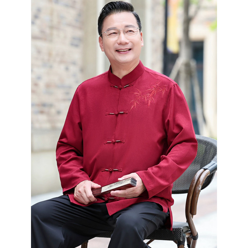 印花唐装男中式长袖中老年情侣男宴会爷爷夏季高品质套装衣服