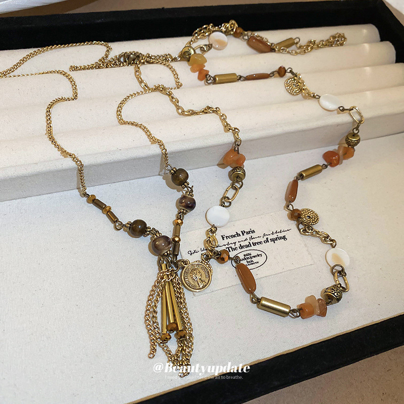 Vintage moneda antigua con flecos collar con cuentas estilo étnico retro femenino cadena de suéter largo de grava de varios elementos