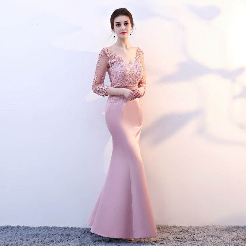 Comercio exterior europeo y americano Amazon AliExpress deseo vestido de noche con cuello en V encaje con cuentas fishtail Slim adelgazamiento largo image 2