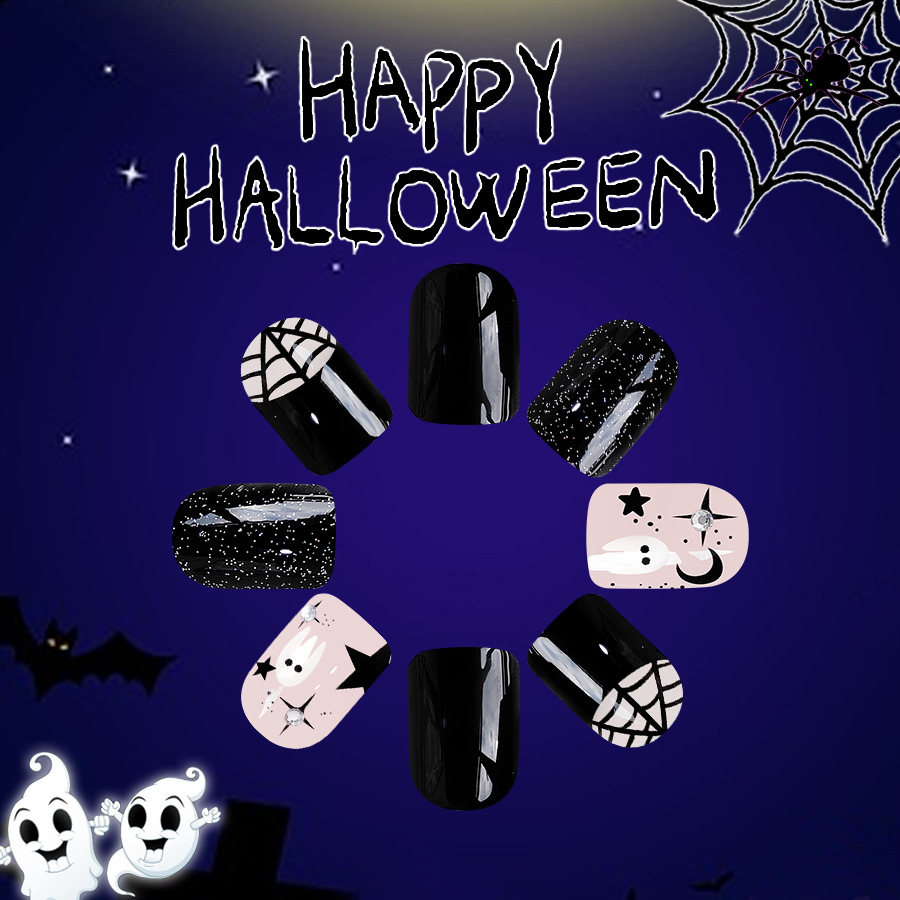 Adesivo per manicure con trapano a forma di ragno fantasma di Halloween, quadrato corto e luminoso, regalo di personalità speciale, adatto per le donne, 24 pezzi_voghion.com