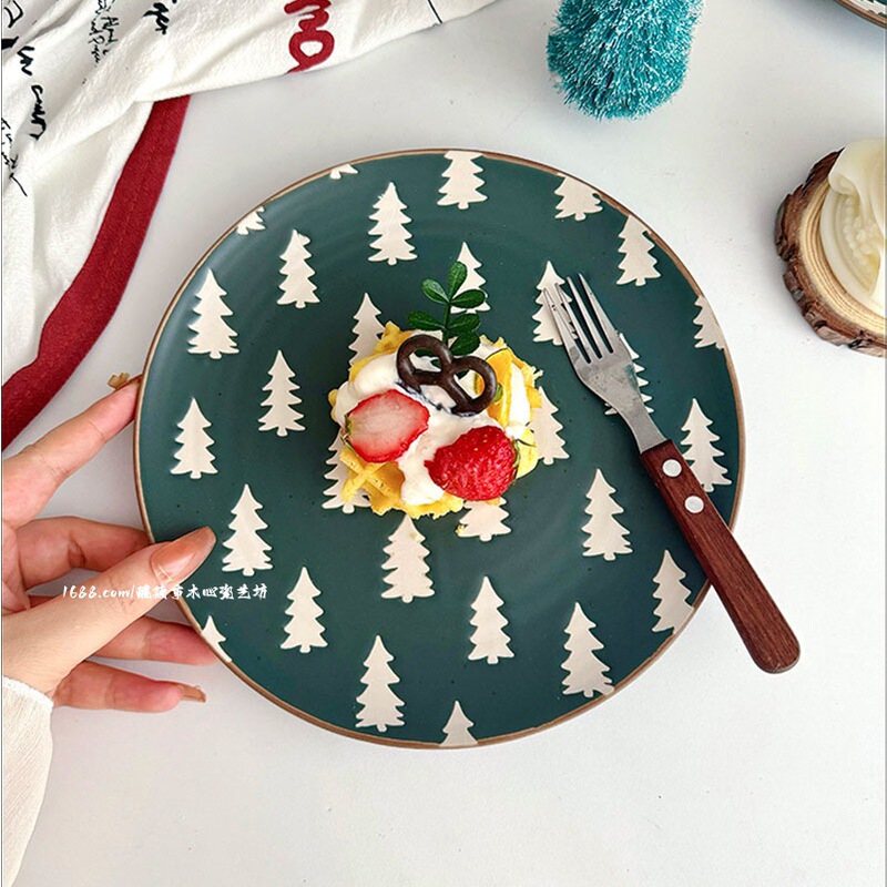 【アメリカの雰囲気感マットクリスマスツリー皿】ins陶磁器洋食皿デザート皿振り子卸売り|undefined