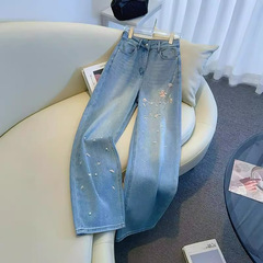 デザインワイドレッグジーンズ 2025 春夏新女性ハイウエストファッション中国風の花刺繍ストレートデニムパンツ