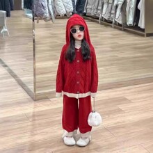 女童毛衣秋冬套装女童针织开衫红色圣诞连帽针织开衫直筒裤两件套