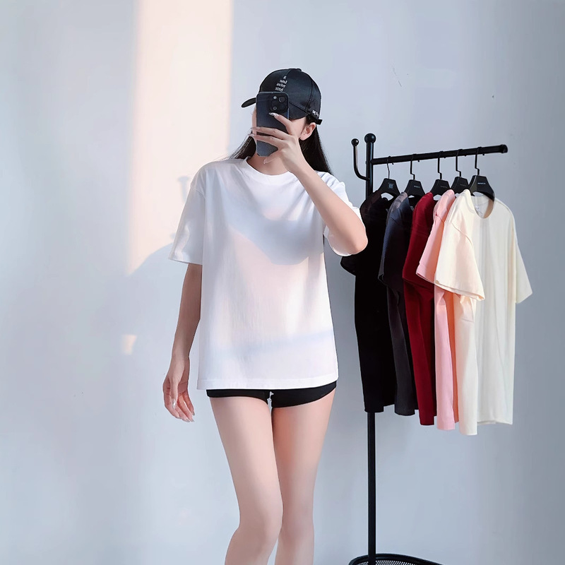 起爆重量ポンド純綿半袖tシャツ女性夏新純色丸襟ゆるい半袖カジュアルtシャツ女性|undefined