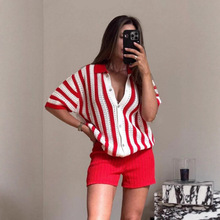 跨境POLO领红白条纹针织短袖秋冬季上衣女装设计感外贸现货