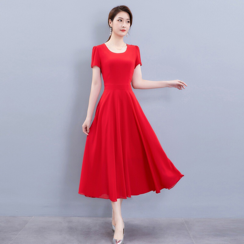 Long Dress Summer dress Women's 2024 New Elegant Chiffon Slim-fit Beach Dress Large Heel Slimming Red Dress Super Long