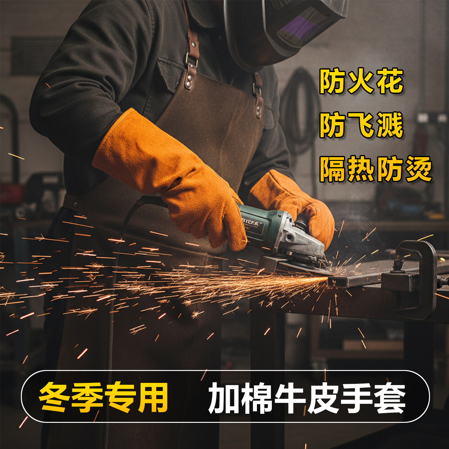 加厚加长软牛皮电焊手套耐磨防烫加棉绒冬季焊接焊工专用手套翻毛