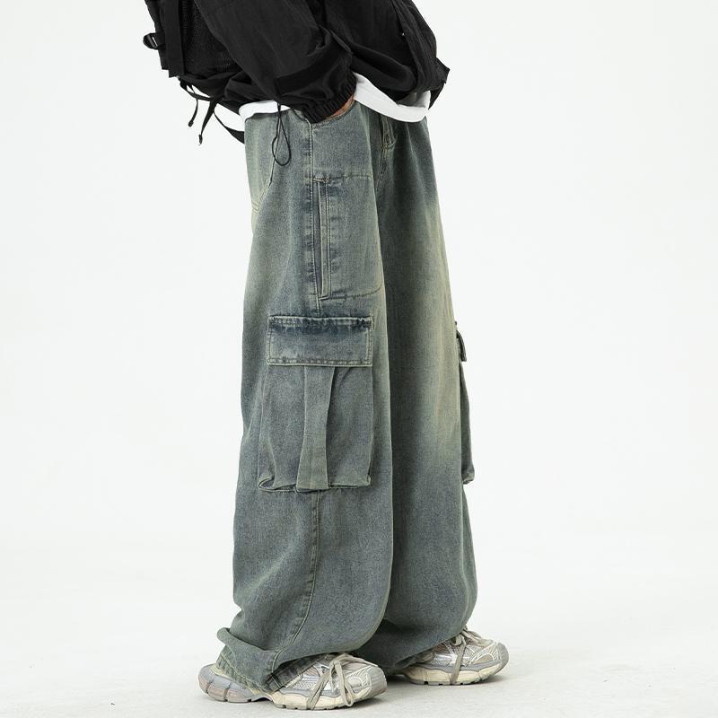 Vintage Wide-Leg Washed Workwear Jeans for Men, Layered Trendy Brand Loose Pocket Pants, High Street Floor-Length Trousers